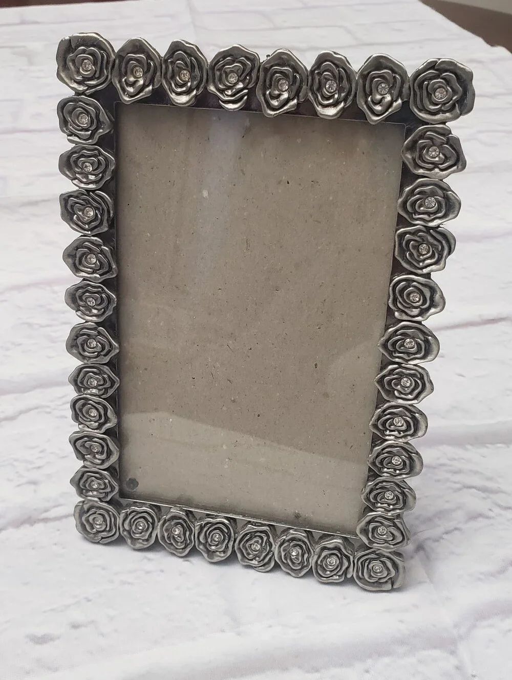 Sonoma Pewter & Crystal 3D Roses 4"×6"" Easel-Back Picture Frame